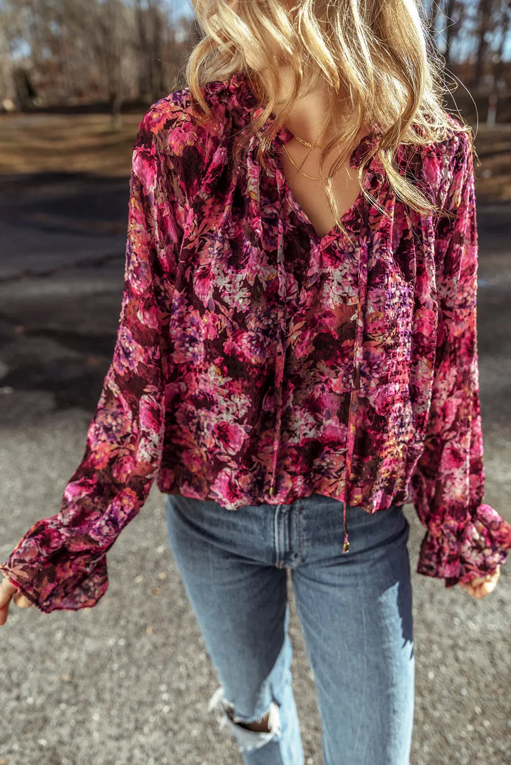 Rose Red Floral Allover Print Drawstring Ruffled V Neck Loose Blouse - Chic Meadow Boutique 