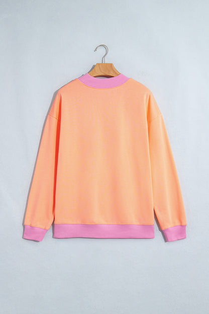 Grapefruit Orange Colorblock Trim Crewneck Long Sleeve Pullover Sweatshirt