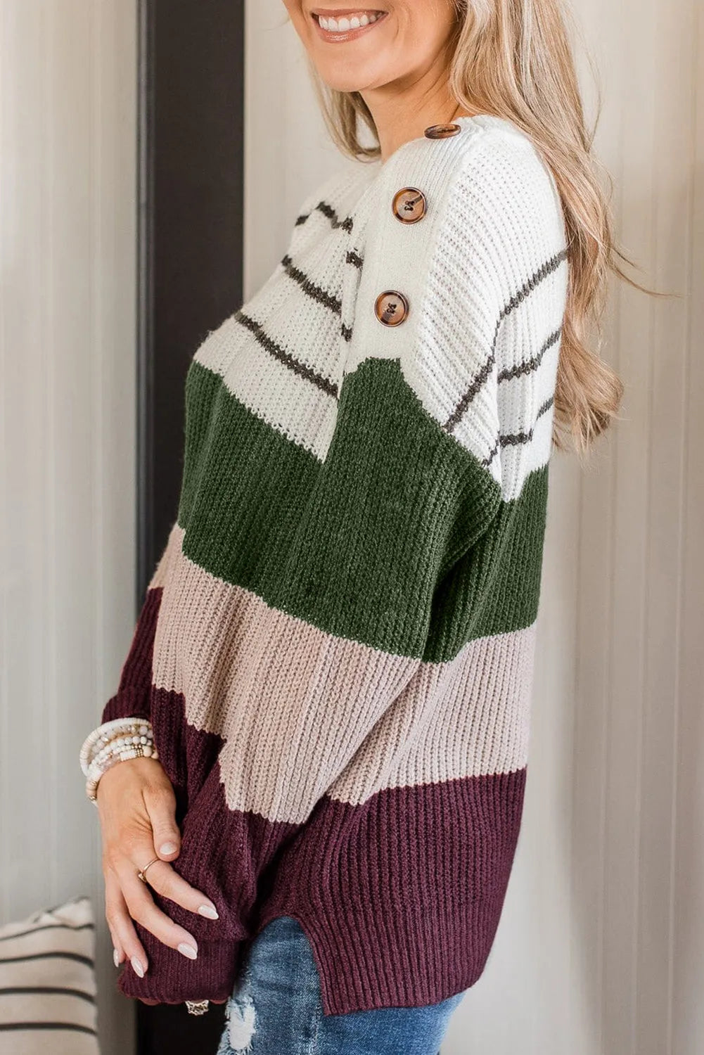 Green Color Block Striped Buttoned Shoulder Split Sweater - Chic Meadow Boutique 