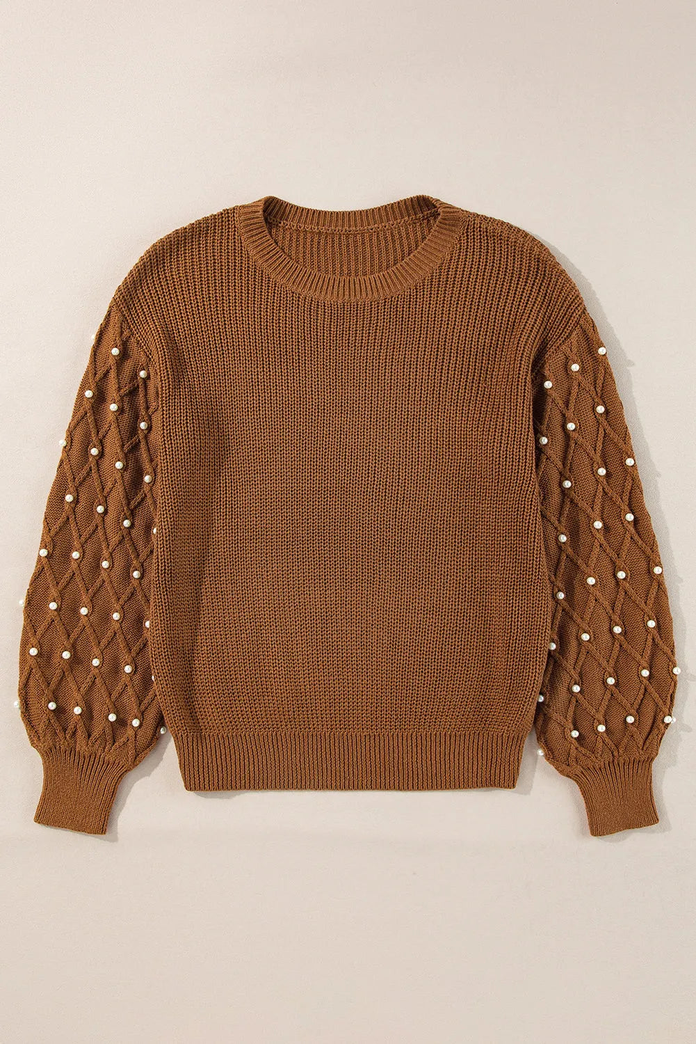 Chestnut Beaded Drop Shoulder Round Neck Sweater - Chic Meadow Boutique 