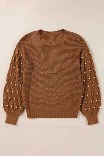 Chestnut Beaded Drop Shoulder Round Neck Sweater - Chic Meadow Boutique 