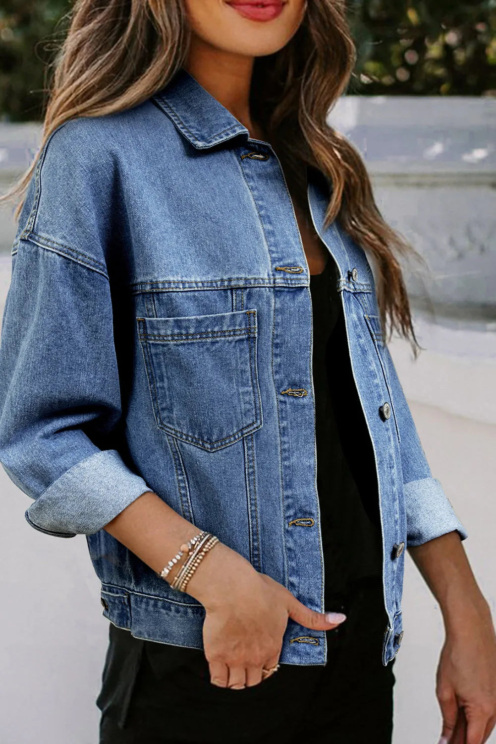 Light Blue Washed Oversize Pocketed Denim Jacket - Chic Meadow Boutique 