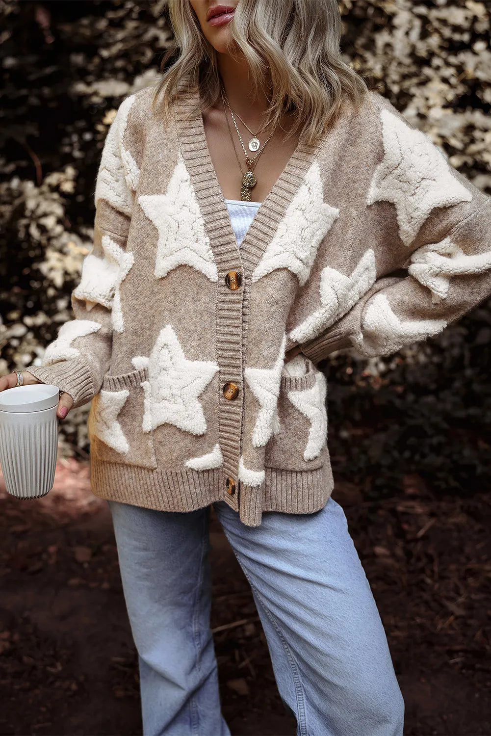 Khaki Sherpa Star Pattern Textured Sweater Cardigan with Pockets - Chic Meadow Boutique 