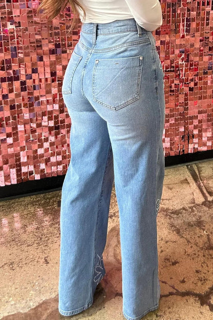 Bottoms/Jeans Light Blue Floral Rhinestone Decor High Rise Wide Leg Jeans