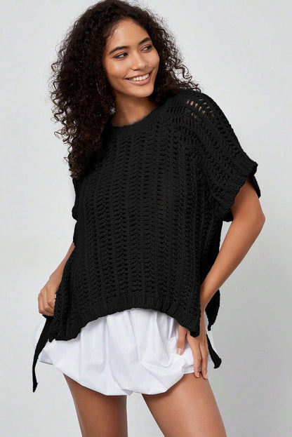 Black Plus Size Open Knit Bow Tie Short Sleeve Sweater