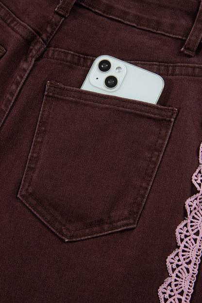Coffee Lace Trim Casual Full-Length Regular Fit Jeans