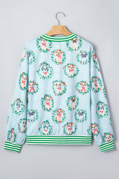 Sky Blue Abstract Dog Print Ribbed Cuff Round Neck Long Sleeve Sweatshirt