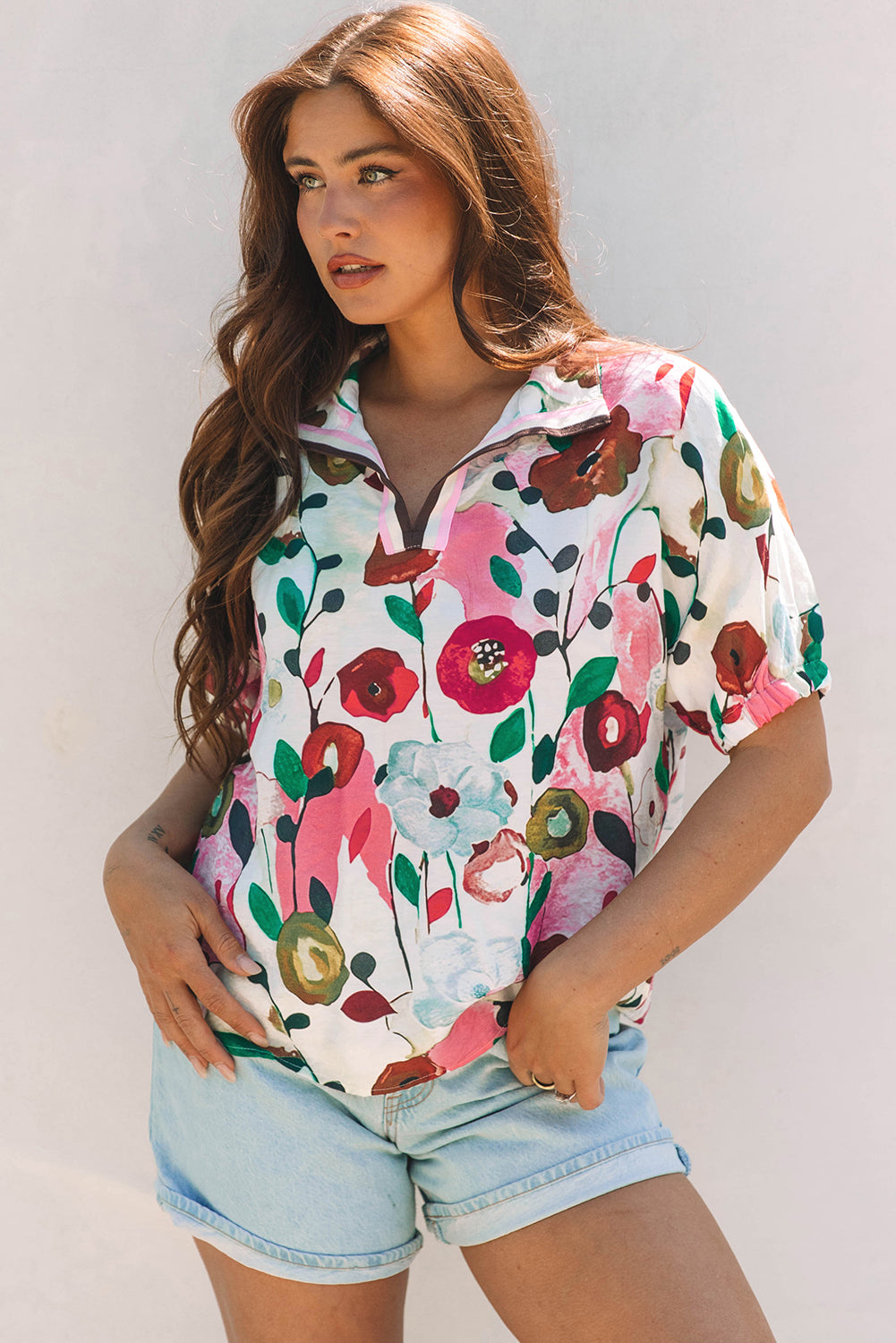 Pink Floral Print Slit V Neck Short Sleeve Blouse
