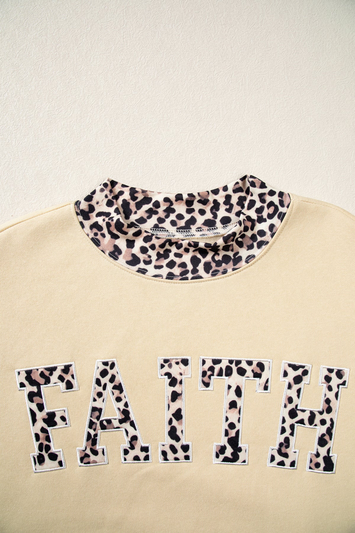 Parchment Leopard Trim High Neck FAITH Letter Graphic Baggy Sweatshirt