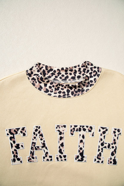 Parchment Leopard Trim High Neck FAITH Letter Graphic Baggy Sweatshirt