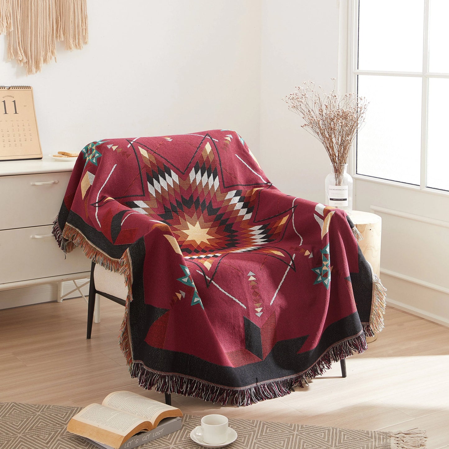 Woven Indigenous Star Throw - Burgundy - Chic Meadow Boutique 