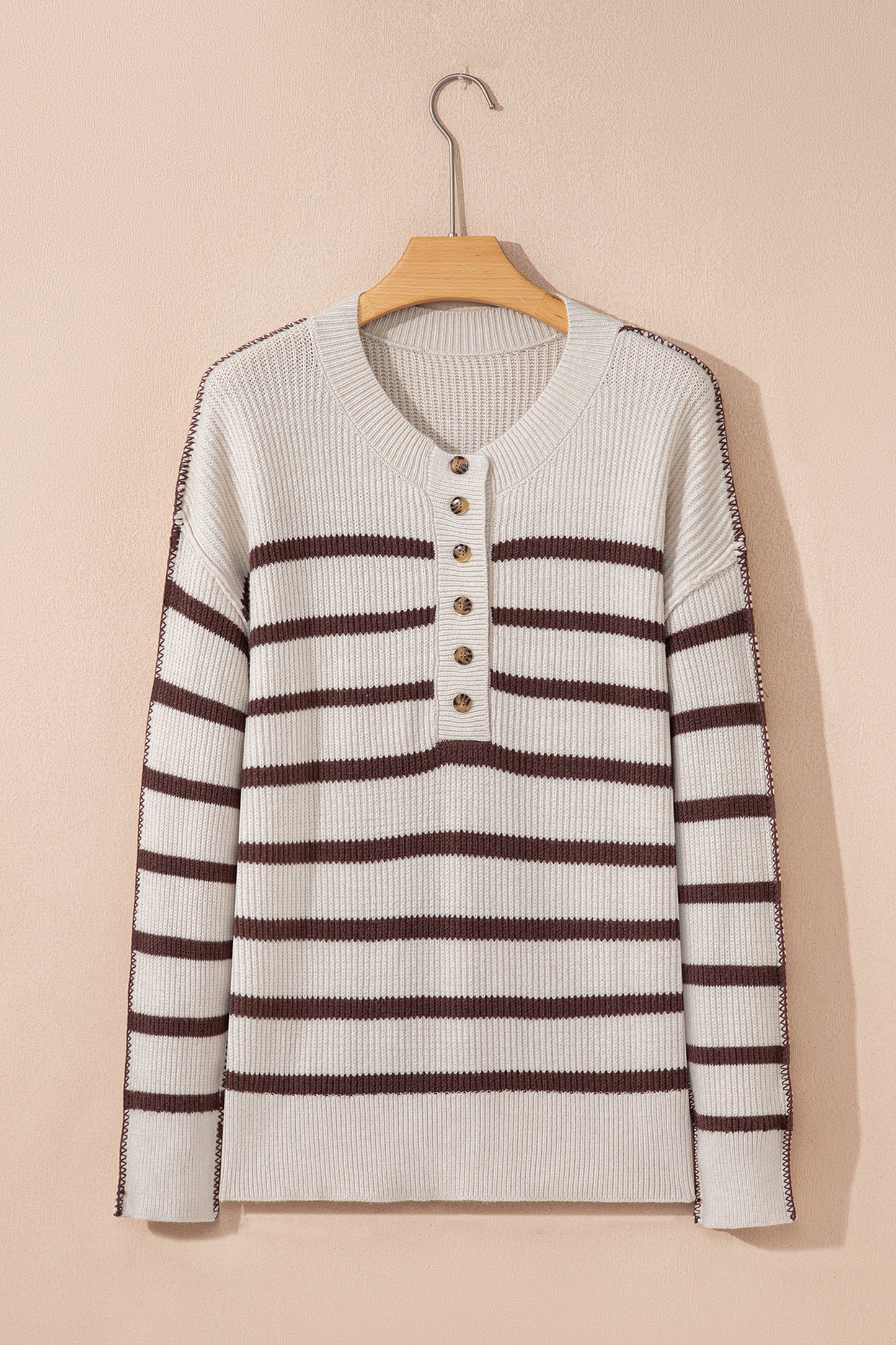 Brown Stripe Ribbed Henley Drop Shoulder Slouchy Sweater