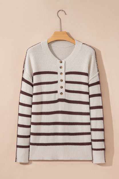 Brown Stripe Ribbed Henley Drop Shoulder Slouchy Sweater
