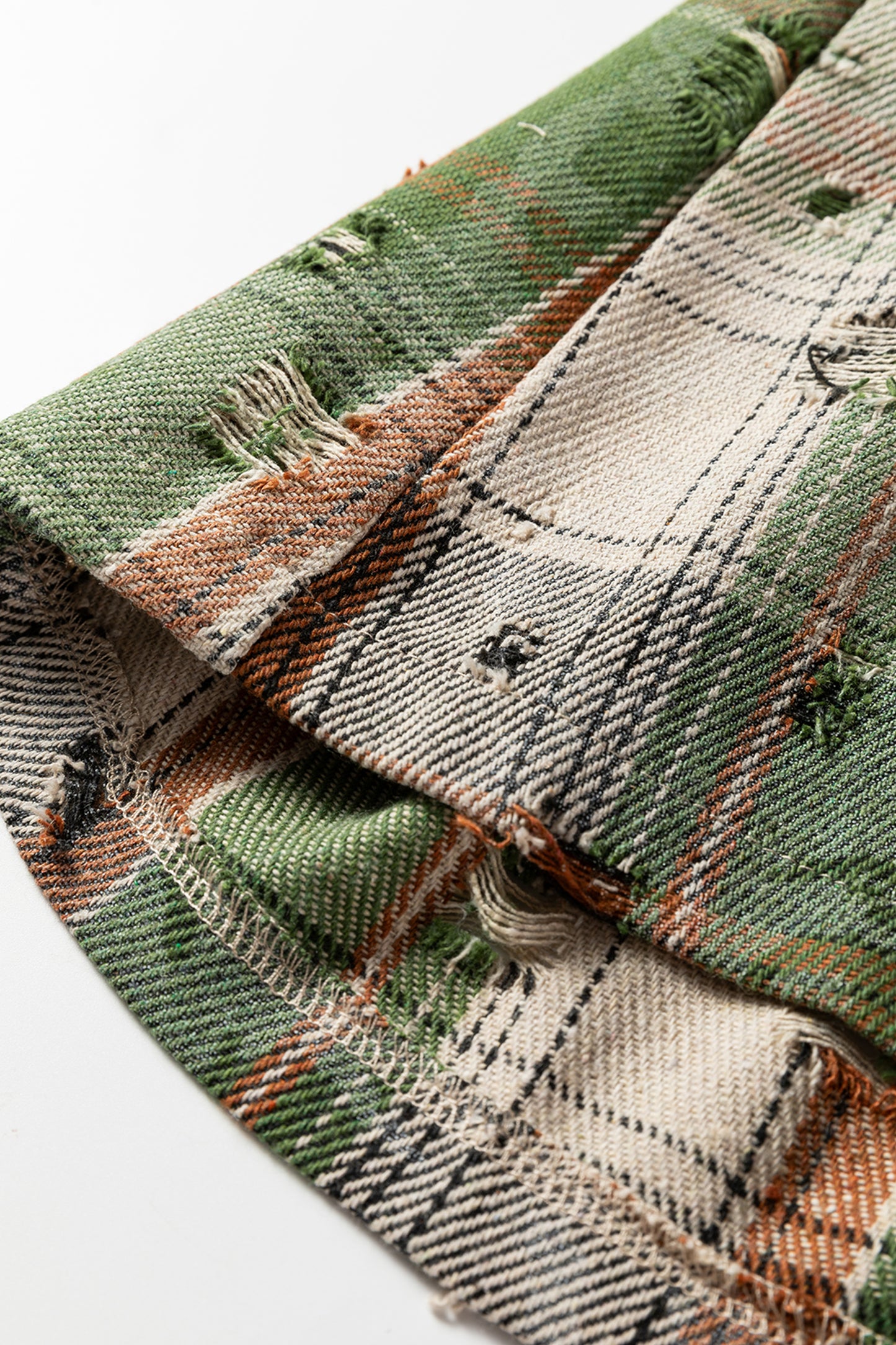 Mist Green Boho Floral Plaid Patchwork Distressed Detail Ruffled Sleeve Waffle Knit Shacket