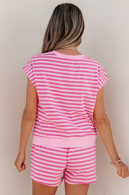 Pink Stripe Cap Sleeve Tee Elastic Waist Shorts 2pcs Outfit