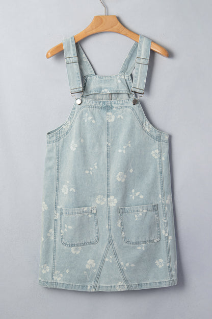 Sky Blue Retro Wash Denim Floral Print Overall Mini Dress