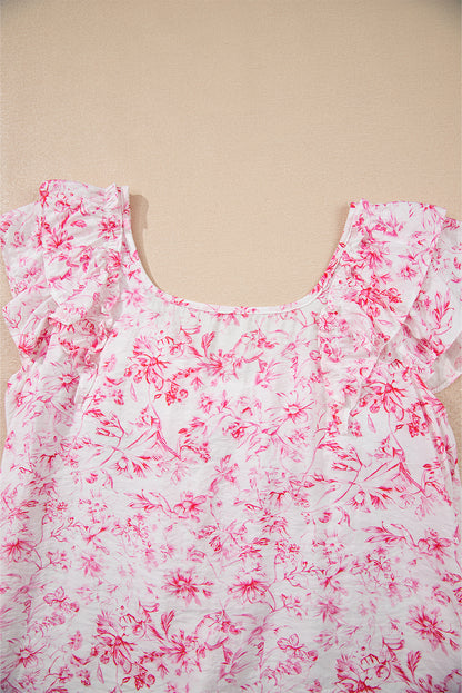 Pink Floral Ruffled Short Sleeve Bow Back Square Neck Blouse