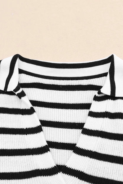 Stripe Collared V Neck Lightweight Knit Casual Sweater - Chic Meadow Boutique 