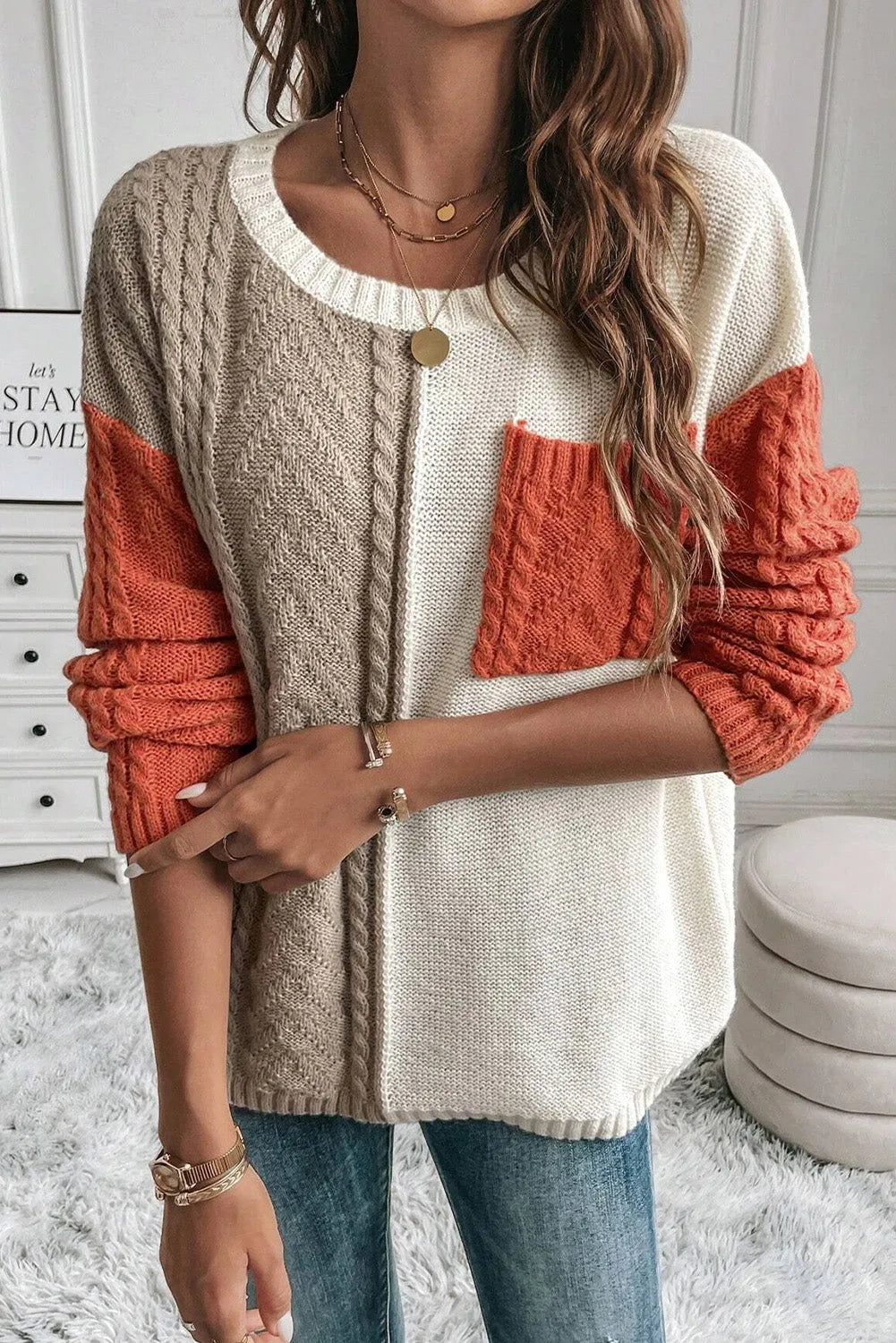 Gold Flame Colorblock Patched Pocket Drop Shoulder Sweater - Chic Meadow Boutique 