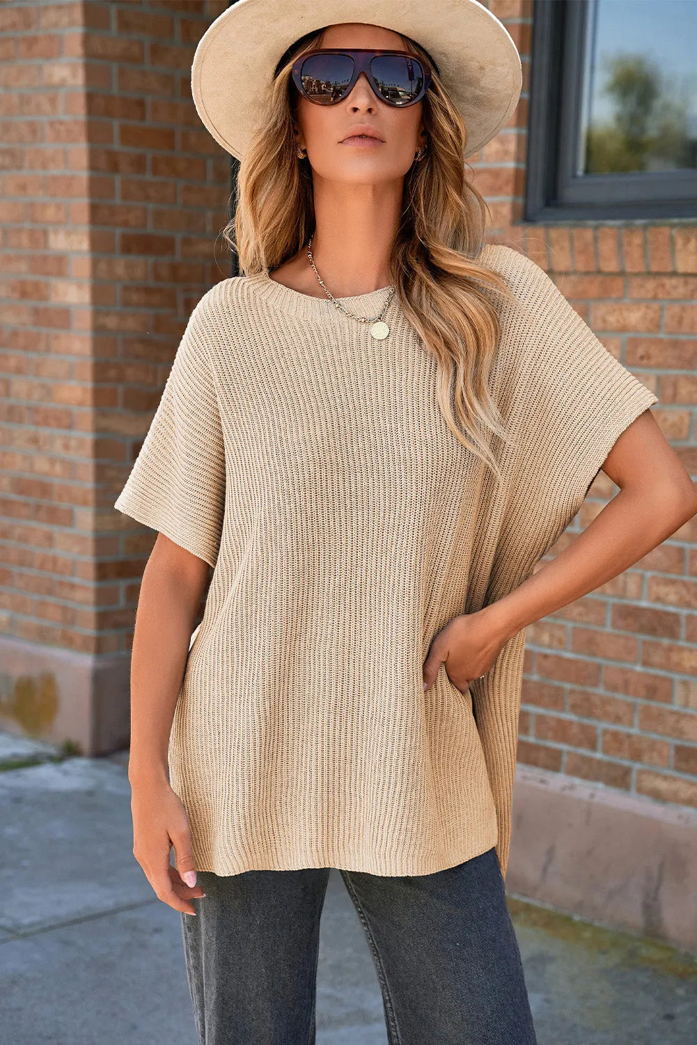 Apricot Short Sleeve Side Slit Oversized Sweater - Chic Meadow Boutique 