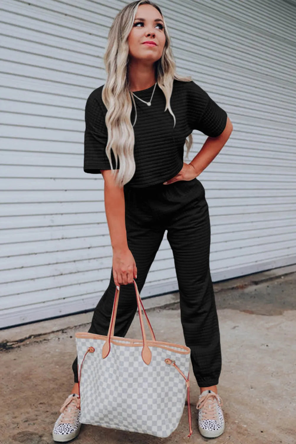 Black Lattice Textured Cropped Tee and Jogger Pants Set - Chic Meadow Boutique 