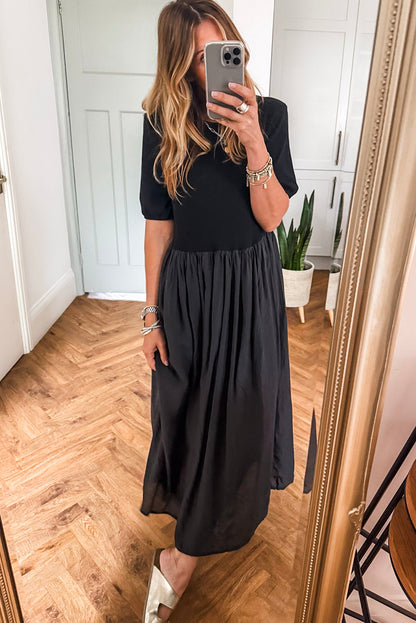 Black Short Sleeve Knit Top Patchwork Pleated Long Dress