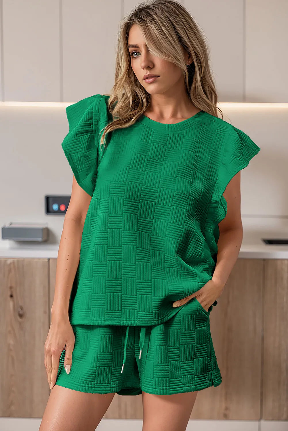 Bright Green Textured Ruffled Sleeve Tee and Drawstring Shorts Set - Chic Meadow Boutique 