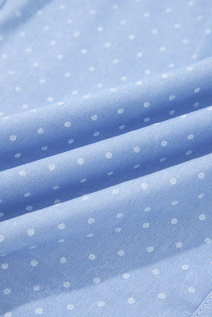 Beau Blue Lace Trim Patchwork Dotted Print Collared Denim Blouse