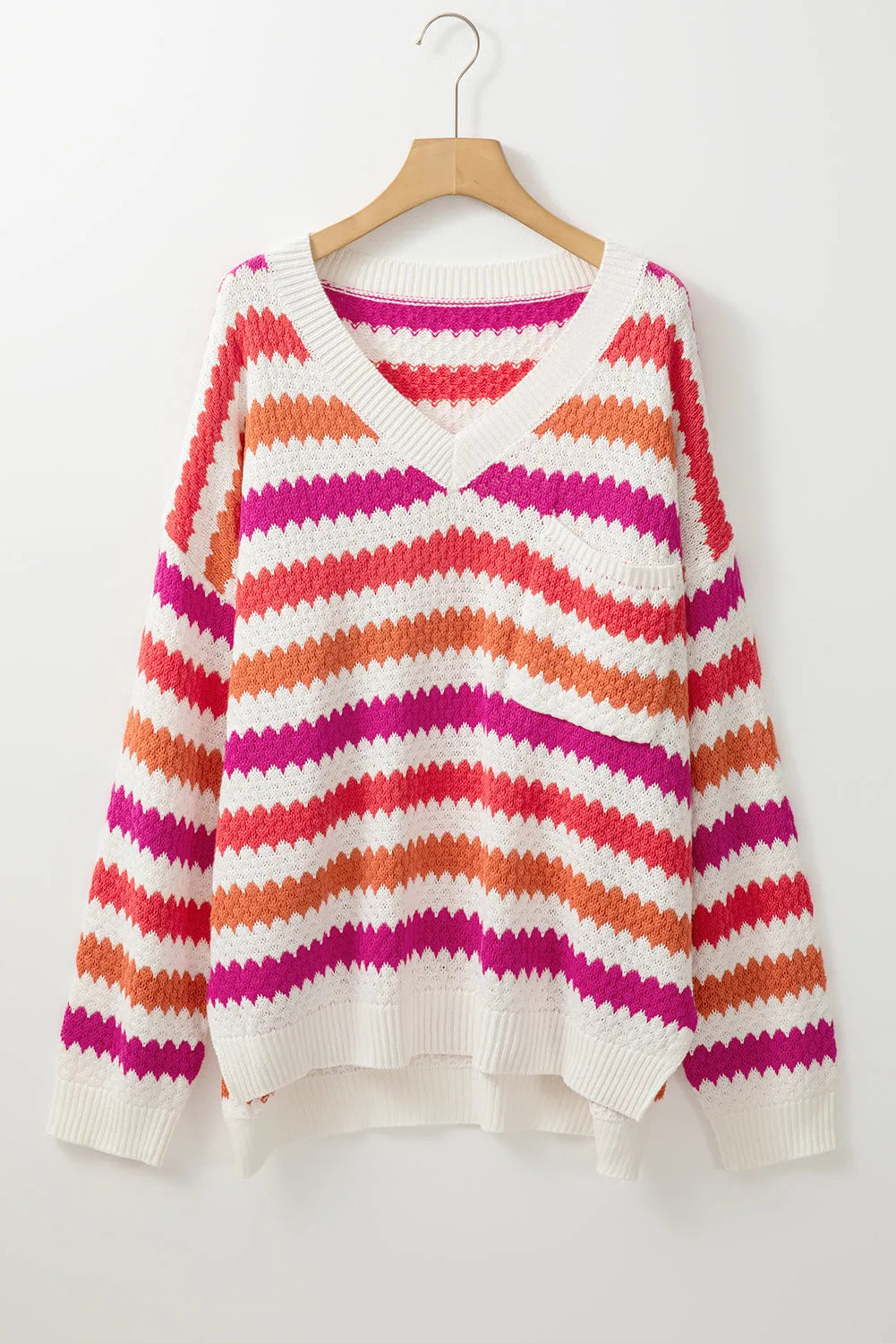 Pink Stripe V Neck Drop Shoulder Plus Size Sweater - Chic Meadow Boutique 