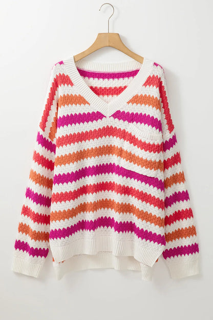 Pink Stripe V Neck Drop Shoulder Plus Size Sweater - Chic Meadow Boutique 