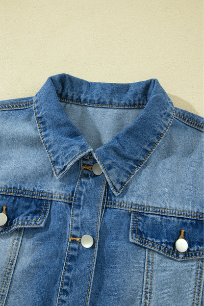 Blue Ruffle Hem Raw Edge Half Sleeve Western Denim Jacket