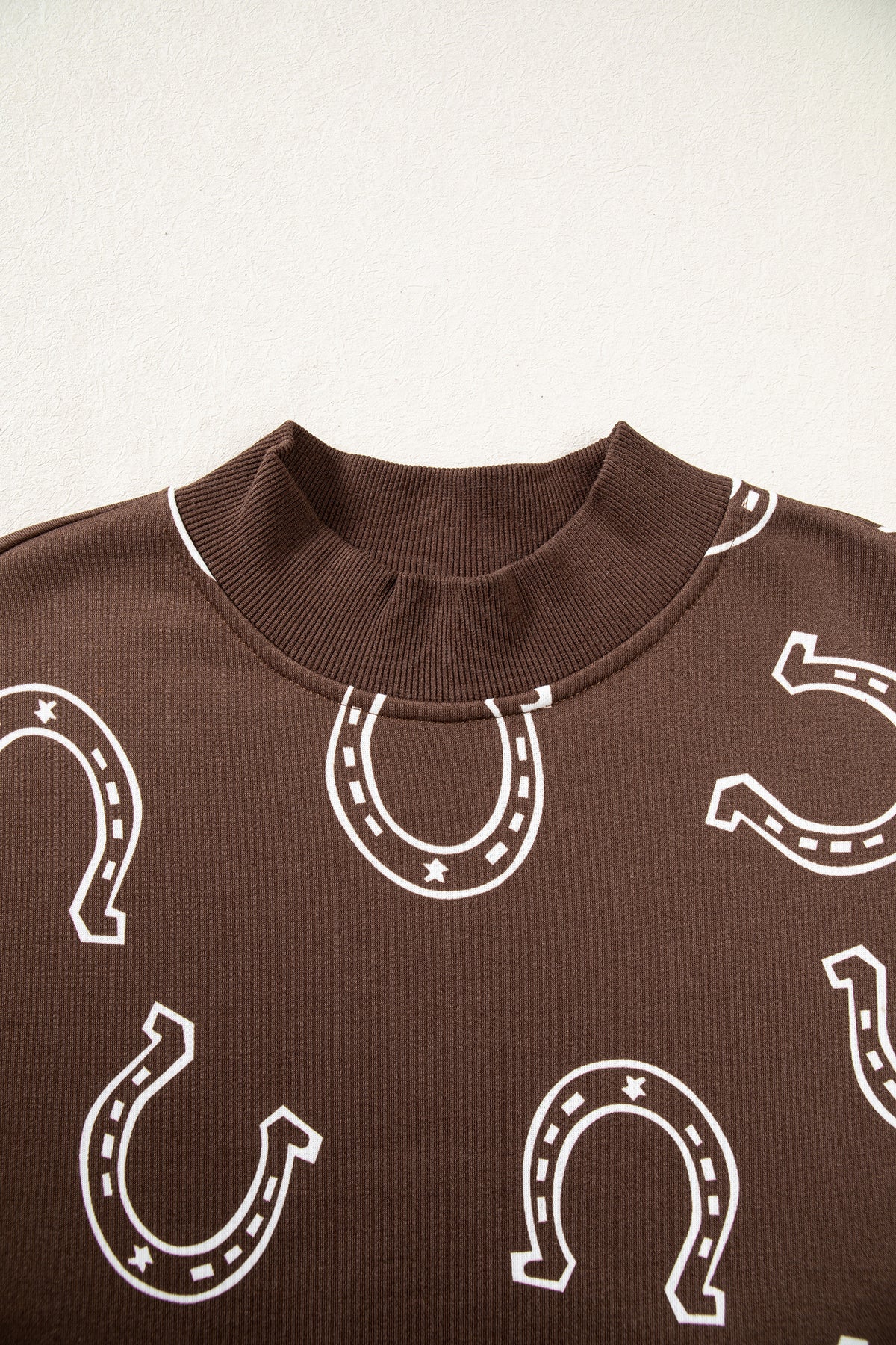 Brown Western Horseshoe Print Mock Neck Casual Pullover Sweatshirt