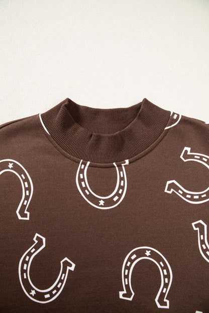 Brown Western Horseshoe Print Mock Neck Casual Pullover Sweatshirt