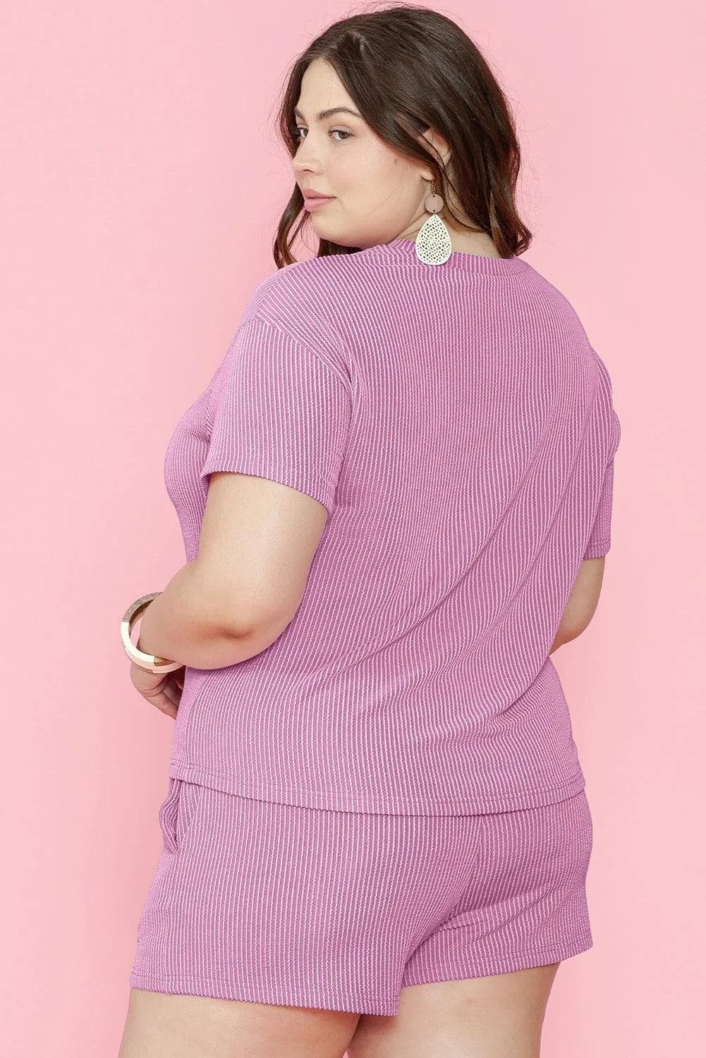 Plus Size/Plus Size Loungewear Phalaenopsis Ribbed Knit T Shirt and Shorts Plus Size Lounge Set