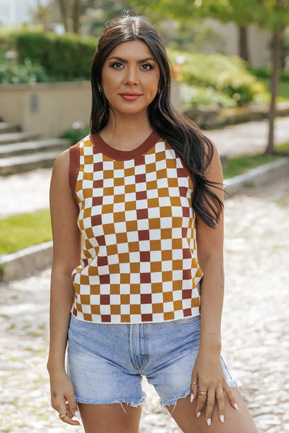 Brown Checkered Ribbed Trim Knit Sweater Vest - Chic Meadow Boutique 