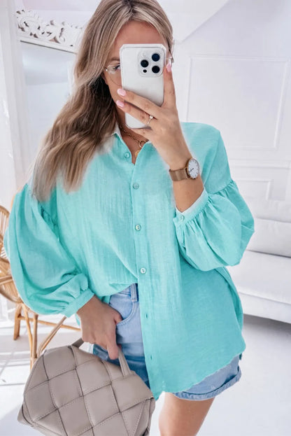 Iceland Blue Solid Puff Sleeve Loose Fit Buttoned Shirt - Chic Meadow Boutique 