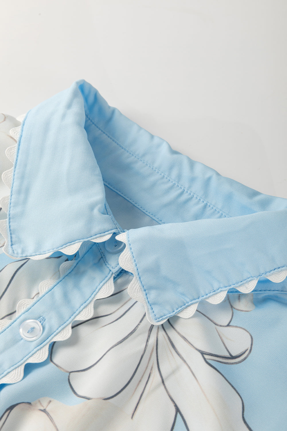 Sky Blue Floral Ric Rac Edge Puff Sleeve Button Up Summer Shirt