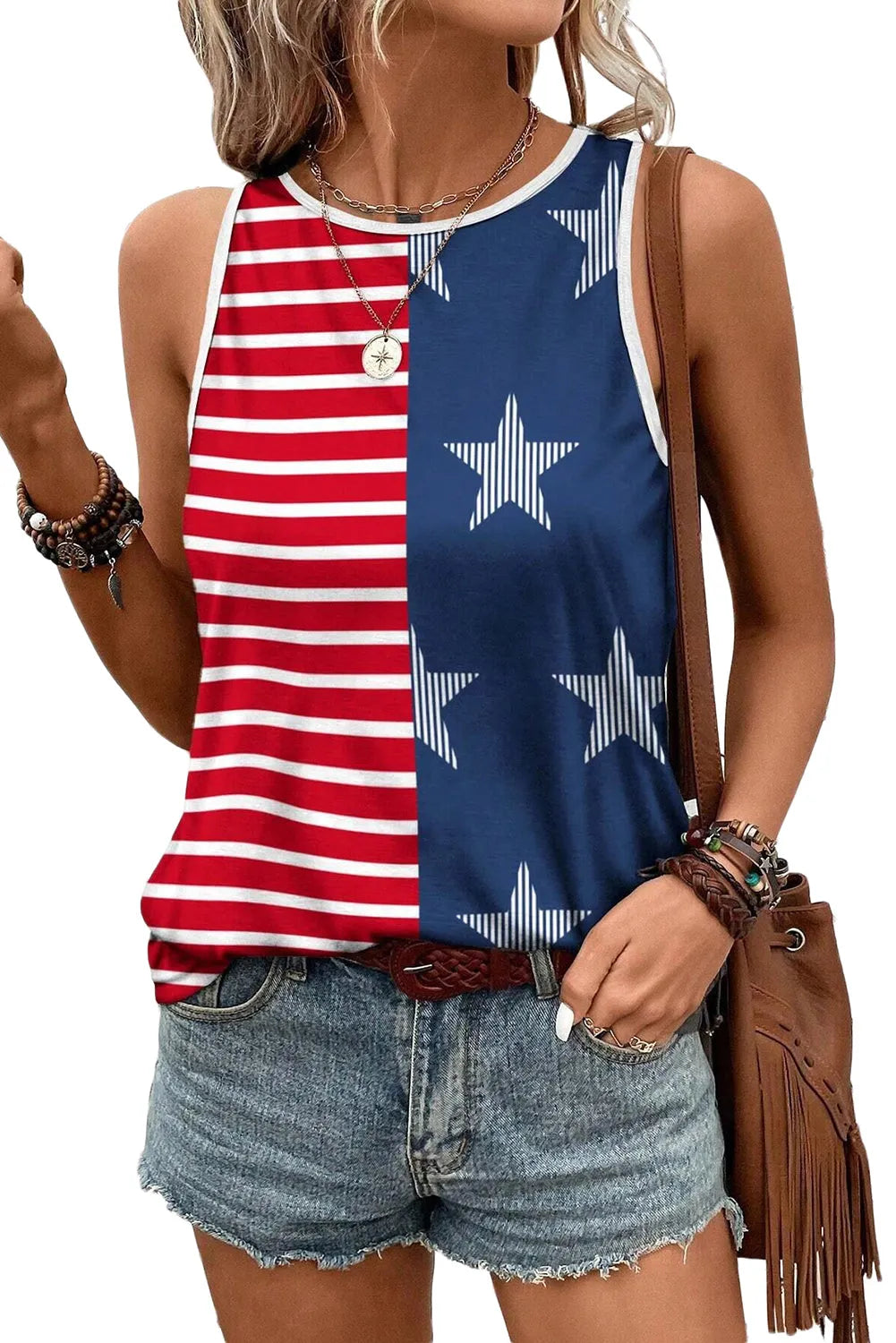 Red USA Flag Printed Round Neck Tank Top - Chic Meadow Boutique 