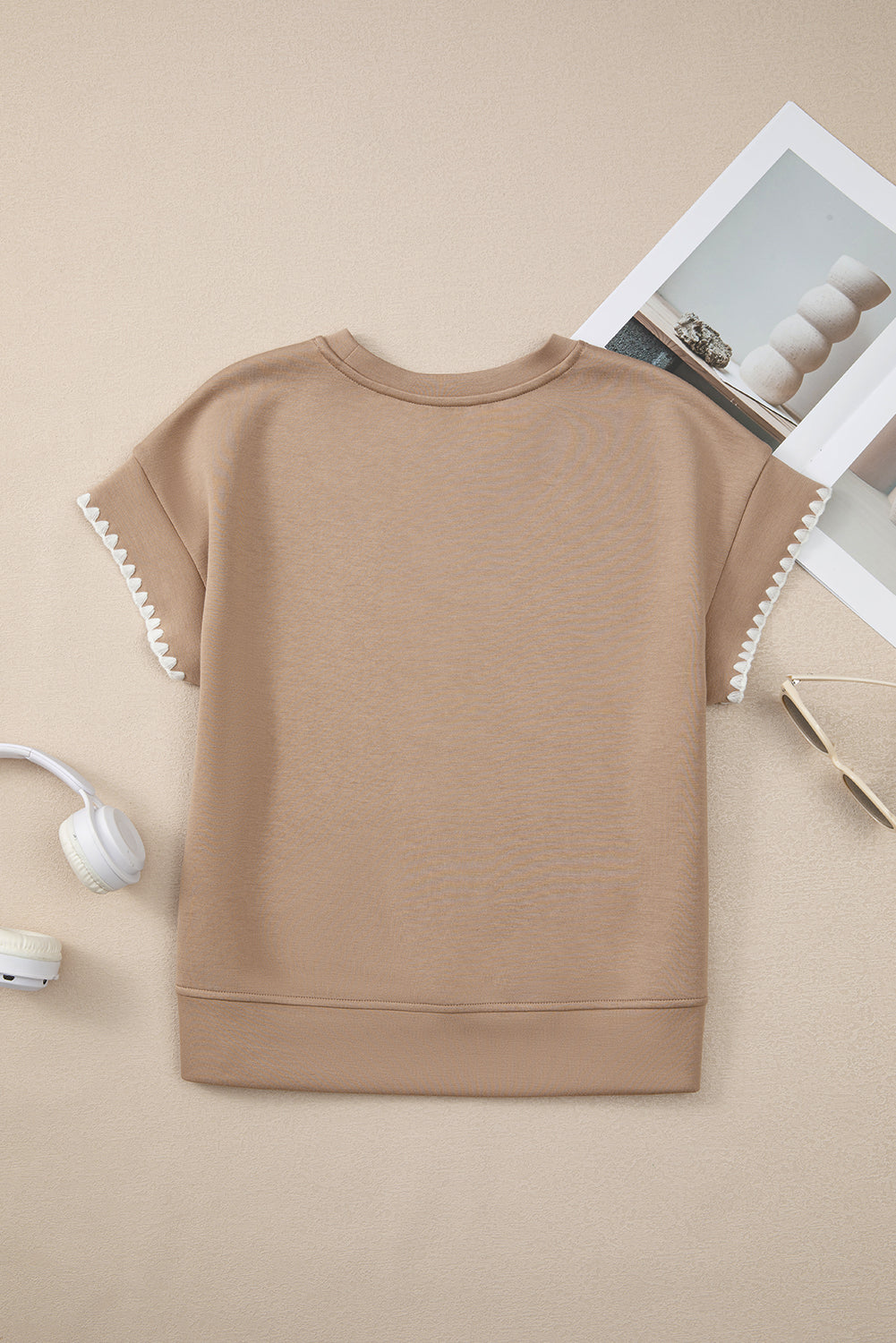 Straw Yellow Ric Rac Color Contrast Ribbed Edge Crewneck T Shirt