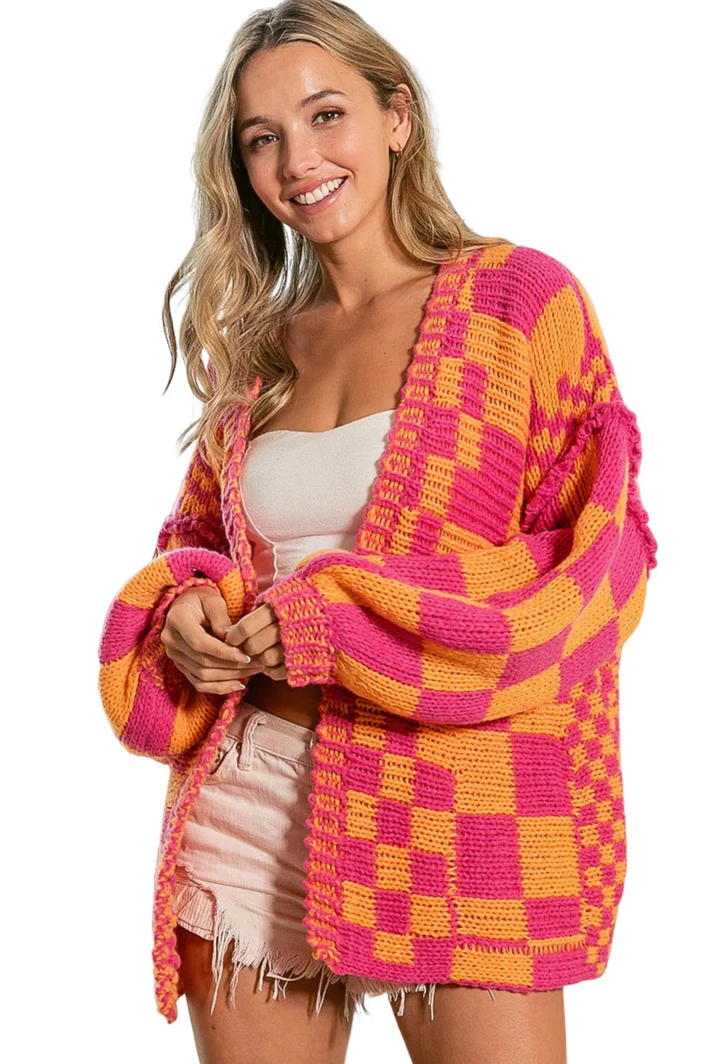 Multicolor Open Front Mixed Checkered Pattern Knit Cardigan - Chic Meadow Boutique 