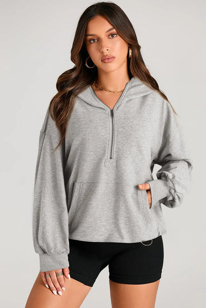 Light Grey Solid Kangaroo Pocket Half Zipper Oversized Hoodie - Chic Meadow Boutique 