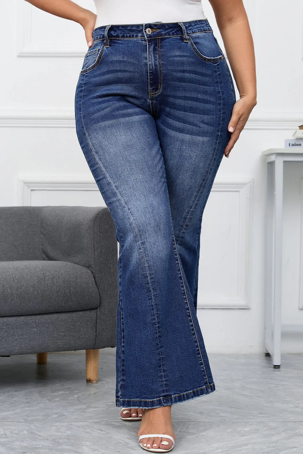 Dark Blue Plus Size Stitching Washed Flare Jeans - Chic Meadow Boutique 