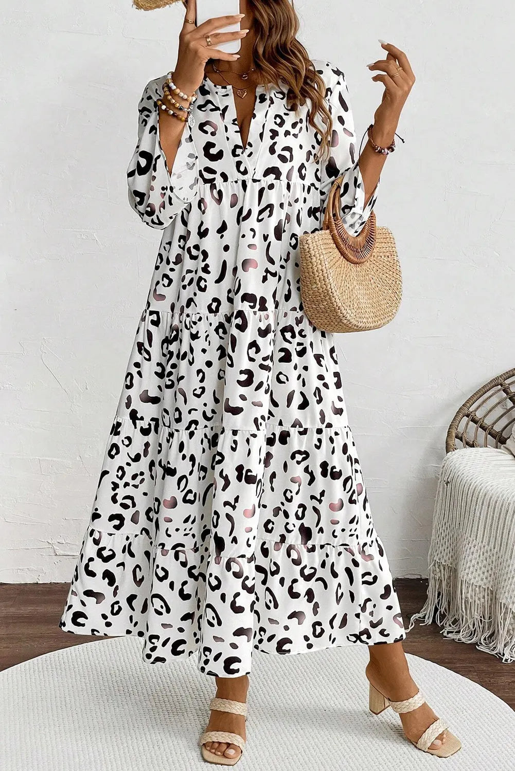 White Leopard Print Notch V Neck Loose Fit Maxi Dress - Chic Meadow Boutique 