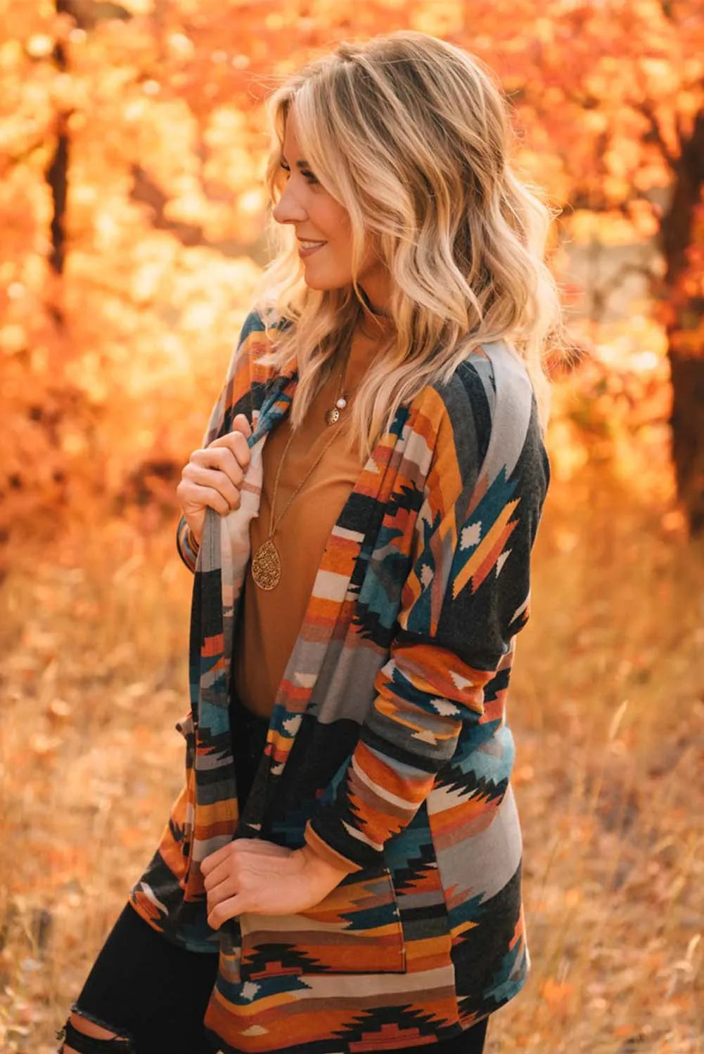 Orange Western Tribal Aztec Print Cardigan - Chic Meadow Boutique 