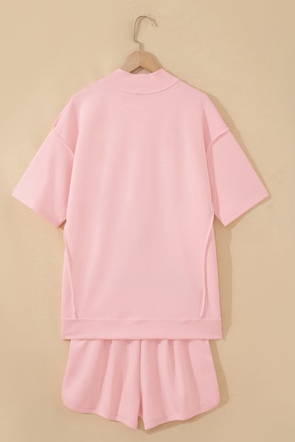 Light Pink Solid Color Exposed Seam Mock Neck Oversize Tee Casual Shorts 2pcs Outfit