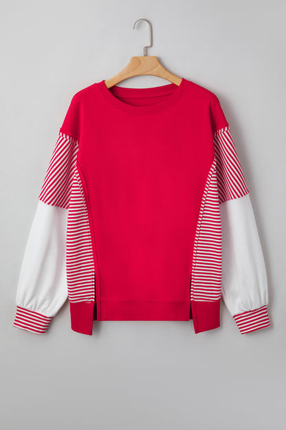 Fiery Red Striped Patchwork Sleeve Colorblock Sweatshirt