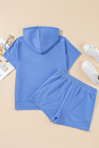 Sky Blue Casual Zipped Short Sleeve Hoodie and Shorts Set