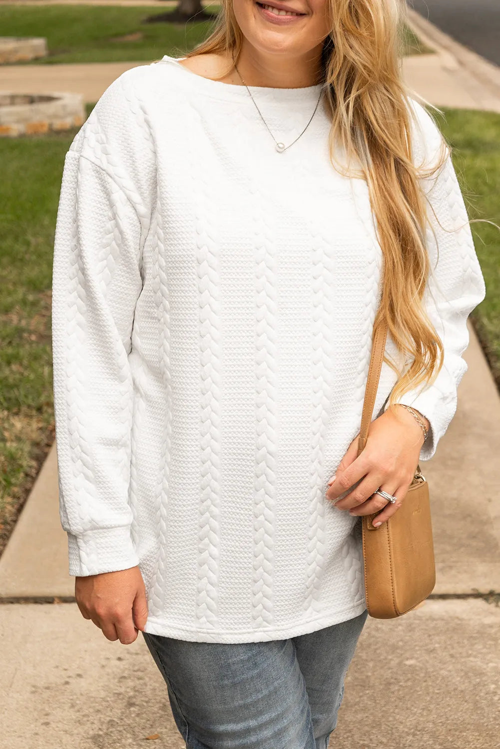 White Cable Textured Loose Plus Size Sweatshirt - Chic Meadow Boutique 