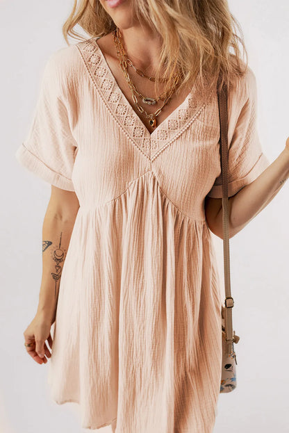 Beige Folded Short Sleeve Lace V Neck Mini Dress - Chic Meadow Boutique 