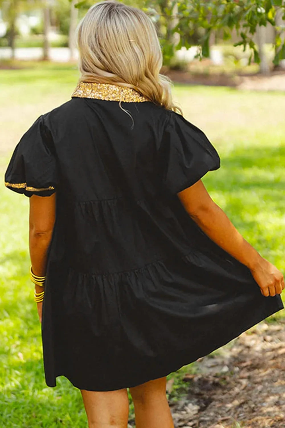 Black Sequin Trim Bubble Sleeve Game Day Shirt Dress - Chic Meadow Boutique 